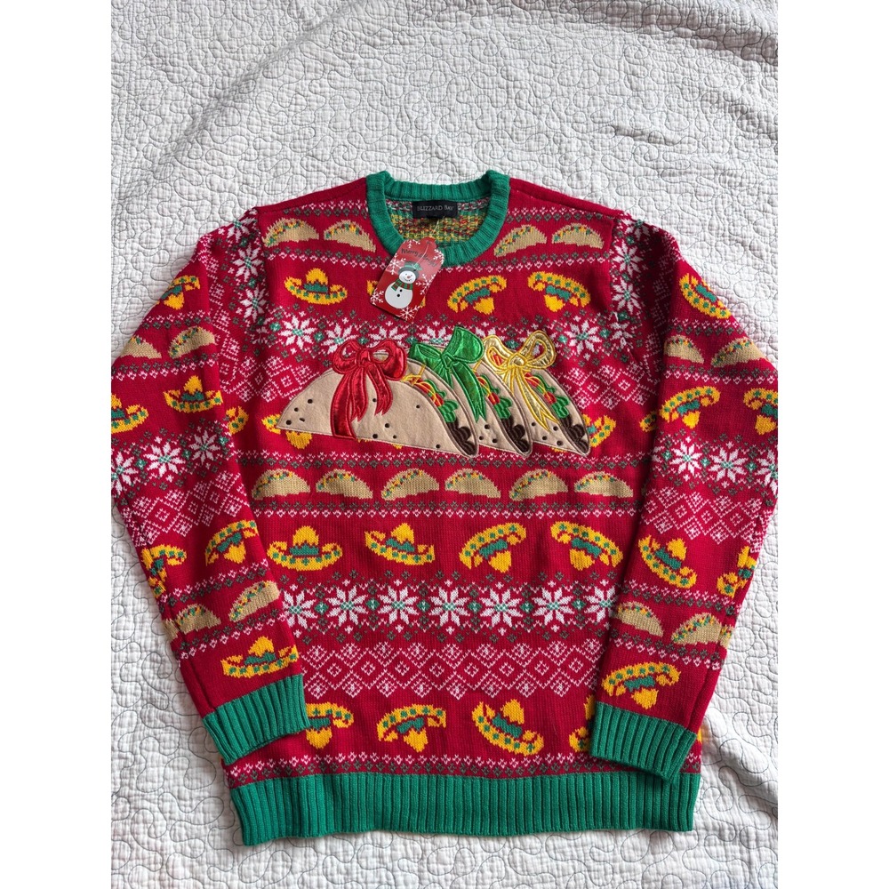 Blizzard Bay Mens Taco Sombrero Ugly Christmas Sweater Red Green Medium